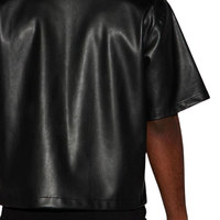 Camisa de Cuero Personalizada para Hombre, Manga Corta, con Cierre, Negra, de Algodón, Antiarrugas, para Fiesta, Club, Noche, con Bolsillos con Solapa en el Pecho, OEM
