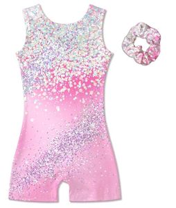 Justaucorps de gymnastique rose dégradé à paillettes pour filles avec ensemble chouchou – Style débardeur léger et respirant pour printemps-été - Product Image 1