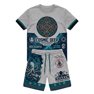 ชุดเสื้อยืดและกางเกงขาสั้นพิมพ์ลายวินเทจฤดูร้อนสไตล์บ็อกซี่ ผ้าฝ้าย 100% พิมพ์ลายโลโก้ด้วยเทคนิค DTG ชุดลำลองแฟชั่นสปอร์ตสองชิ้นสำหรับผู้ชาย - Product Image 1