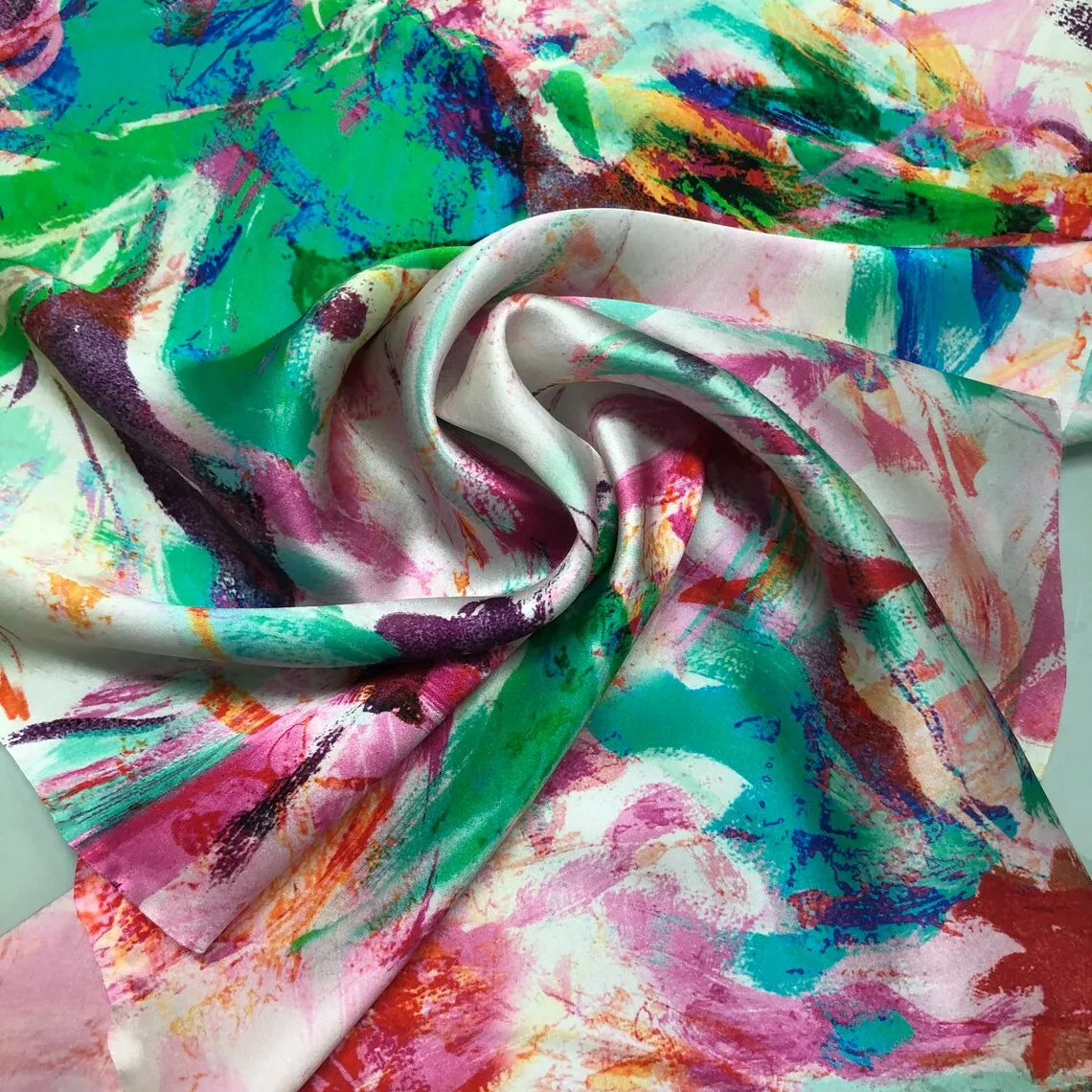 satin charmeuse digital print 54" wide Beautiful artistic design multi rainbow colors print silky soft fabric