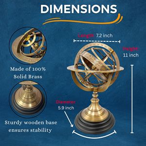 Zodiac Armillary Sphere Globe Clock Handcrafted Brass with Celestial Engravings & Wooden Base | Educational Decor - Product Image 2