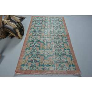 พรมตุรกีวินเทจคลาสสิกสีฟ้าสีชมพู3.7 x 6.5ft พื้นที่ขนาดใหญ่ผ้าขนสัตว์เย็บปะติดปะต่อกันน้ำยางนามธรรมสำหรับวัยรุ่นห้องโถงสี่เหลี่ยมผืนผ้าห้อง - Product Image 1