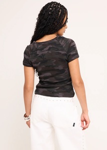<b>Waffle</b> Camo Partial Button Placket Loose Graphic Prints on the Front <b>Waffle</b> Knit Blend Summer Eco-Friendly Women's - Product Image 2