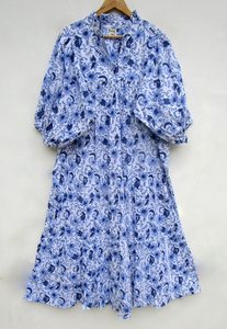 Main bloc imprimé bouffée imprimé pur coton été genou-longueur Vintage robe trapèze dames conception florale pompon cou bouton - Product Image 6