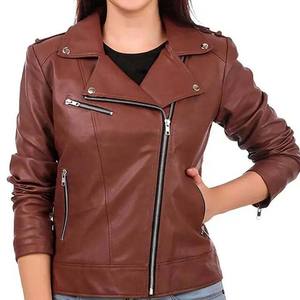 Ropa deportiva de manga larga para mujer, chaquetas con cremallera de motorista de cuero genuino, chaqueta de invierno de piel de vaca de piel de oveja para mujer - Product Image 3