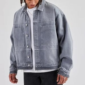 Haute qualité hommes coton blanc Denim surdimensionné veste entièrement personnalisé Vintage lavage à l'acide Denim collège Detroit veste 2026 - Product Image 1