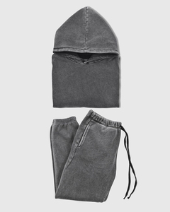 Black Acid Washed Full Zip up Vintage Distressed Stone Acid Washed Streetwear Sweatsuit Flared Sweatpants and Hoodie Sets Hombres - Product Image 1
