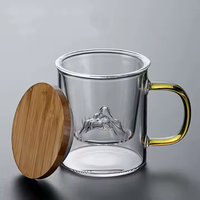 Gobelet en verre pour tasse à café et thé Couvercle en bambou avec infuseur en forme de montagne enneigée 3D