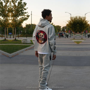 OEM lavado ácido Streetwear chándal Jogger chándal de manga larga recortada Boxy parche personalizado 2 piezas camiseta pantalones conjunto Unisex 100% - Product Image 3
