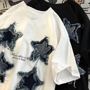 Camisetas de algodón orgánico 100% personalizadas, manga corta de gran tamaño, Unisex, informal, con apliques de estrella desgastados, parche vaquero informal para mujer - Product Image 2