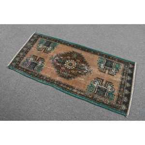 Turkish Vintage Small Rug 1.6x3.6 ft, <b>Brown</b> <b>Wool</b> Rug - Product Image 2