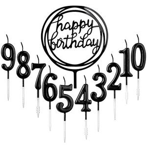 Set di 10 Eleganti Candeline Numeriche da 0 a 9 + <span class=keywords><strong>1</strong></span> Decorazione per Torta con Scritta '<span class=keywords><strong>Buon</strong></span> <span class=keywords><strong>Compleanno</strong></span>' (Nero) - Product Image 1