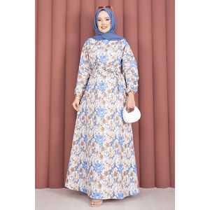 Vestido de Ganchillo con Estampado Floral Índigo, Cinturón, Elegante y Discreto, Ropa Casual para Oficina, para Salidas Nocturnas, Transpirable, con Recortes - Product Image 4