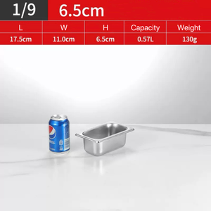 Juego de sartenes de hotel de acero inoxidable asequible con tapa Buffet Almacenamiento de alimentos 1/9 6,5 cm Tamaño Pan Solo plato para servir Contenedor | BINLU - Product Image 2