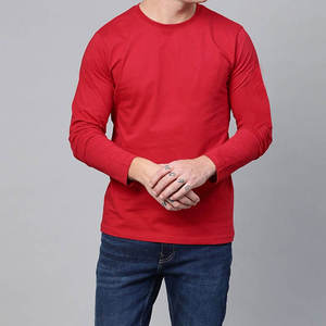 T-shirt rouge à manches longues pour homme, coupe classique, col rond, couleur unie, tricoté en polyester, anti-rétrécissement, 220g, style urbain, manches longues - Product Image 1