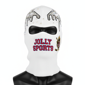 Pasamontañas de Punto Acanalado de Alta Calidad de 320 g/m², Color Blanco con Parche de Bordado de Diamantes de Imitación Brillantes, Logotipo Personalizado, para Hombre - Product Image 1