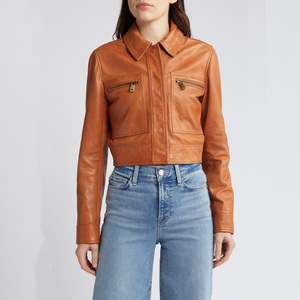 Veste bomber en cuir véritable pour femmes, respirante, broderie, poches zippées sur la poitrine, prix d'usine, vente en gros - Product Image 4