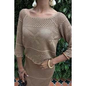 Conjunto de Punto Calado Estilo Bohemio 10093 con Mangas Tres Cuartos y Cuello Barco, Top Corto para Primavera/Verano - Product Image 6