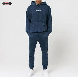 Último diseño de alta calidad de color sólido lavado ácido con capucha 100% algodón chándales ropa deportiva Jogging conjunto de dos piezas Casual para hombre - Product Image 4