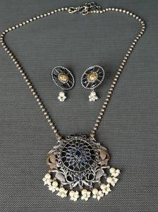 Conjunto de Collar y Pendientes con Bisel de Ónice y Plata Antigua Oxidada para Mujer, Regalo de Boda y Compromiso - Product Image 2