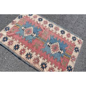 Alfombra Kilim turca Vintage, rojo, azul, 3,9x5,9 pies, diseño de retazos de estilo clásico, látex de lana para sala de estar, pasillo, rompecabezas de PP - Product Image 4