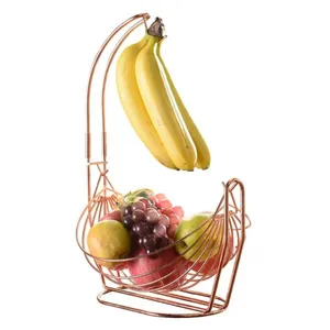 Modern Factory Direct Sale OEM Indian Wholesaler Wrought Iron Swinging Wire Mesh Rose Gold Metal Fruit Basket for Living Room