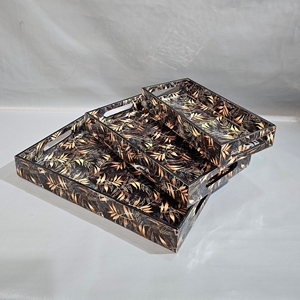 Factory Wholesale Mango Wood Rectangular <b>Tray</b> Set with Stylish <b>Black</b> Leaf Design Perfect for Home and Cafe <b>Serving</b> Needs - Product Image 1