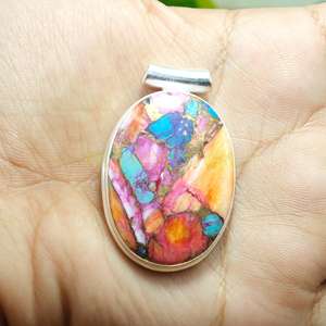 จี้เงินแท้ 925 ประดับพลอยสีฟ้าอมเขียวทรงหอยมุกหนามสีส้มขนาดใหญ่ จี้แบบโดดเด่น สร้อยคอพลอย ของขวัญสำหรับผู้หญิง - Product Image 5