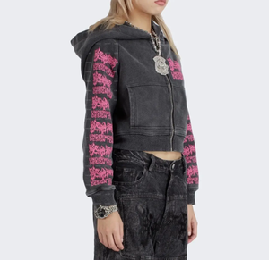 Veste courte pour femme en molleton épais de coton lourd, avec fermeture éclair personnalisée, imprimé, sans cordon, effet délavé vintage, style acid wash - Product Image 2