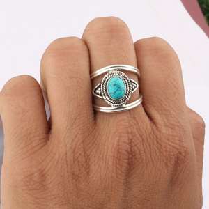 Excelente sólido 925 plateado plata esterlina Natural turquesa pera bisel ajuste 7x9mm anillo hecho a mano joyería de moda para mujeres - Product Image 1