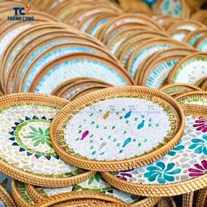 BANDEJA DE NÁCAR personalizada con borde de ratán Bandeja de madera hecha a mano para té, café y servicio de comida - Product Image 5