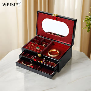 Caja de almacenamiento de joyería WEIMEI negro rojo laca de madera espejo de 3 niveles diseño Vintage logotipo personalizado para exhibición de anillo de collar Premium - Product Image 1