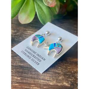 Pendientes Colgantes de Oso Navajo Hechos a Mano con Incrustaciones de Piedras Múltiples y Plata de Ley, Diseño de Ópalo con Patrón Animal, Ideales para Regalo - Product Image 4
