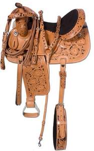 Caballo de cuero genuino, sillín de barril occidental, asiento de gamuza, tallado Floral a juego, cuello de pecho, Circunferencia-100% Premium - Product Image 2