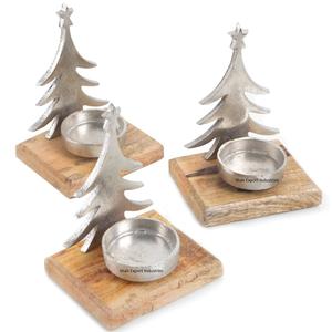 Bougeoir à bougie chauffe-plat en aluminium argenté de conception attrayante avec la base en bois pour la décoration de maison et d'événement - Product Image 3