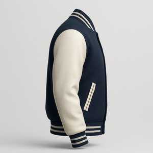 Chaqueta Varsity Azul Marino para Hombre con Mangas de Cuero Crema, Cierre de Botones, Estilo Preppy, Ropa de Otoño - Product Image 2
