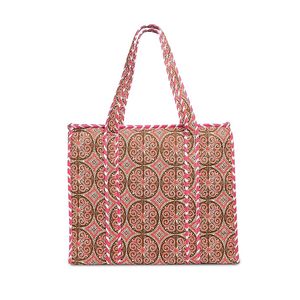 Grand sac fourre-tout en coton matelassé fait à la main Mandala rouge Design floral vintage Fermeture à glissière écologique personnalisable pour l'épicerie de dame - Product Image 1