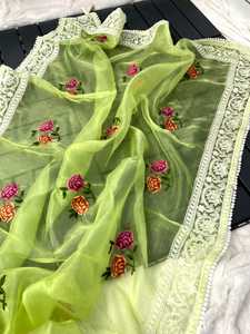 Pure & Soft <b>Organza</b> <b>Silk</b> Sarees with Multi Embroidery Work Butta with Panel Nd Fancy Lave Border Nd Latkan.. - Product Image 2