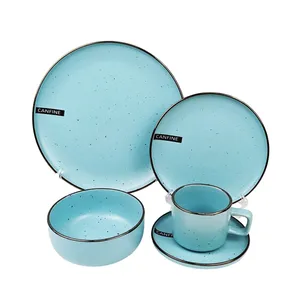 individuelles logo keramik großhandel einfaches europäisches design schwarze punktfarbe glasur 20 stück solide farbe steingut dinner set