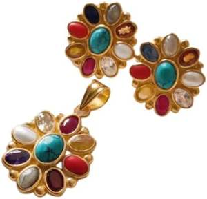 Conjunto de Joyas para Mujer, Piedras Preciosas Naturales Navratan, Regalo de Navidad o San Valentín, Joyería Hecha a Mano, Plata de Ley 925, Conjunto de Pendientes y Colgante - Product Image 1