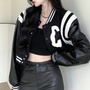 Chaqueta bomber corta de béisbol negra, chaqueta universitaria de manga de cuero, ropa de calle Vintage, chaquetas transpirables de invierno para exteriores para mujer - Product Image 2