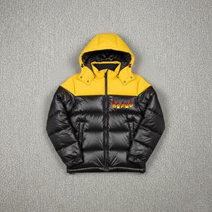 Men's Canvas Puffer <b>Jacket</b> Yellow Black Color Block Two-Tone Padded Quilted Stand Collar Front Logo <b>Hooded</b> Winter - Product Image 3