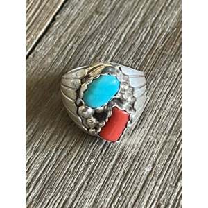 Alvery Smith Men's <b>Statement</b> <b>Ring</b> Turquoise & Coral Bezel Set Size 10.5 Everyday Wear Sterling <b>Silver</b> Gemstone <b>Ring</b> - Product Image 1