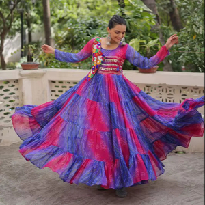 Robe réversible en faux georgette de style indien/pakistanaise pour femmes, Laheriya Bandhej, manches longues, doublure en coton, pour les fêtes et les mariages - Product Image 1