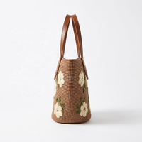 Sac fourre-tout en raphia floral, sac à main tissé avec broderie et doublure en coton, résistant à l'eau, pour la plage, les voyages et l'usage quotidien