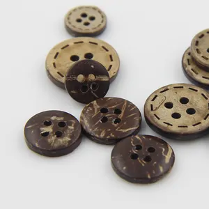 Wholesale 10mm~38mm Round Simple Traditional Dotted Line Custom Logo 4 Holes Brown Nature Coconut Button For Garment
