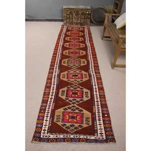 Turkish Herki Runner Rug 2.8x11.2 ft (86x342 Cm) Eco Friendly Vintage <b>Brown</b> Patchwork <b>Wool</b> Rug with Latex Backing - Product Image 1