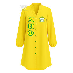 Greek Chi Eta Phi Sorority Clothing Embroidered Long Flared Blouse <b>Shirt</b> With Puff Sleeves - Product Image 1
