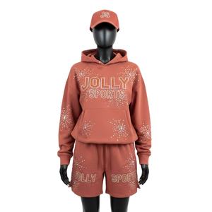 Ensemble court à capuche pour femme en coton et polyester molletonné avec logo en strass thermocollés – Ensemble sweat à capuche et short 100 % coton pour femme - Product Image 1