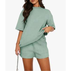 Canal 65 algodón 35 poliéster 2025 verano Casual de gran tamaño a juego camisa de manga corta chándal pantalones cortos conjunto mujeres - Product Image 3